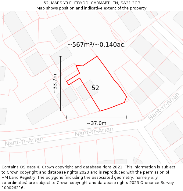 52, MAES YR EHEDYDD, CARMARTHEN, SA31 3GB: Plot and title map