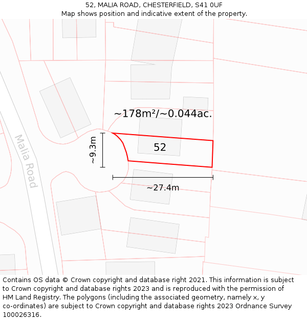 52, MALIA ROAD, CHESTERFIELD, S41 0UF: Plot and title map