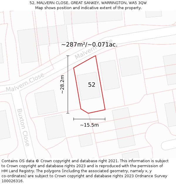 52, MALVERN CLOSE, GREAT SANKEY, WARRINGTON, WA5 3QW: Plot and title map