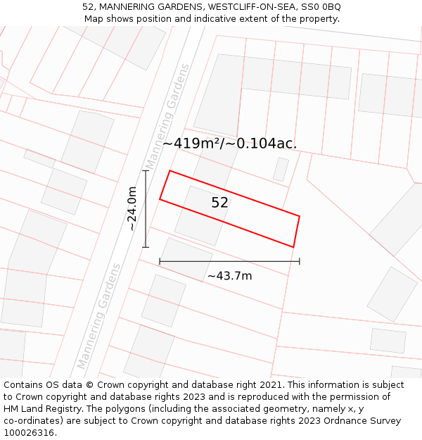 52, MANNERING GARDENS, WESTCLIFF-ON-SEA, SS0 0BQ: Plot and title map