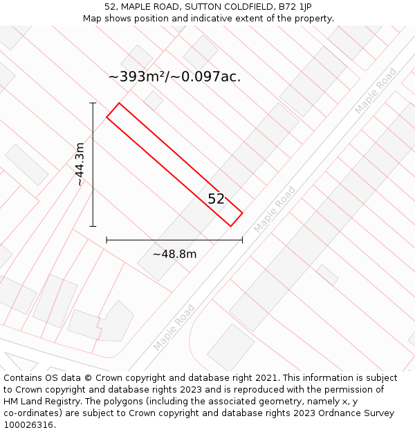 52, MAPLE ROAD, SUTTON COLDFIELD, B72 1JP: Plot and title map