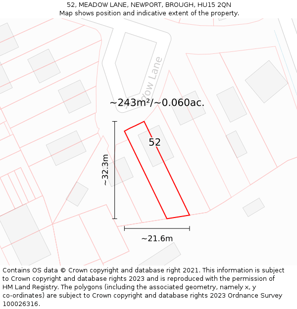52, MEADOW LANE, NEWPORT, BROUGH, HU15 2QN: Plot and title map