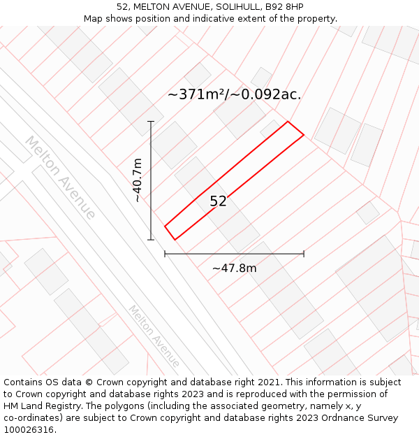 52, MELTON AVENUE, SOLIHULL, B92 8HP: Plot and title map