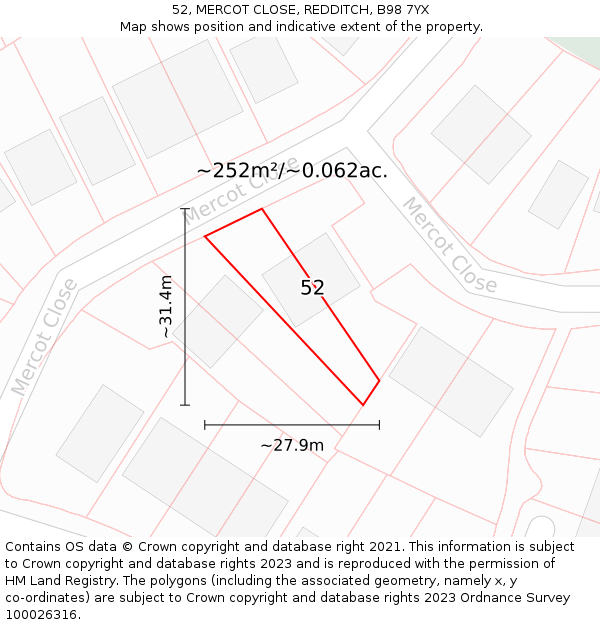 52, MERCOT CLOSE, REDDITCH, B98 7YX: Plot and title map