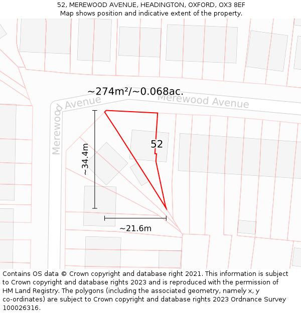 52, MEREWOOD AVENUE, HEADINGTON, OXFORD, OX3 8EF: Plot and title map