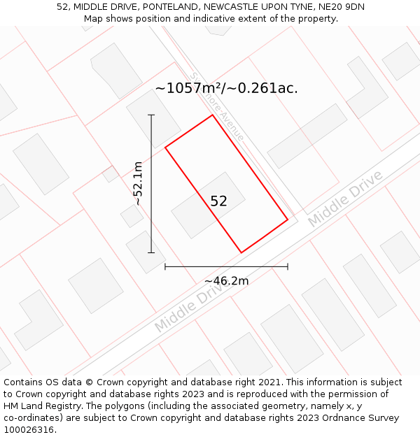 52, MIDDLE DRIVE, PONTELAND, NEWCASTLE UPON TYNE, NE20 9DN: Plot and title map