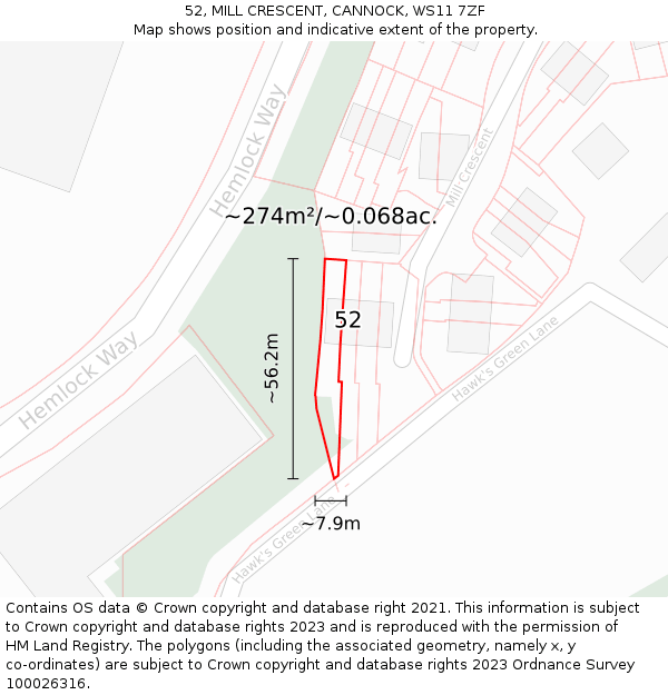 52, MILL CRESCENT, CANNOCK, WS11 7ZF: Plot and title map