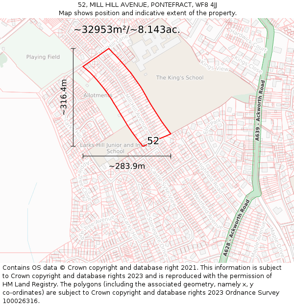 52, MILL HILL AVENUE, PONTEFRACT, WF8 4JJ: Plot and title map