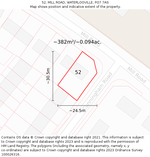 52, MILL ROAD, WATERLOOVILLE, PO7 7AS: Plot and title map