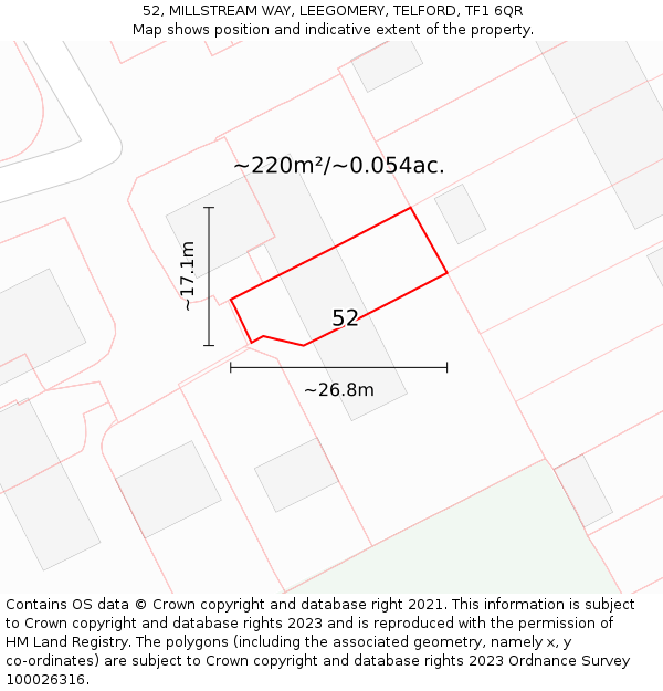 52, MILLSTREAM WAY, LEEGOMERY, TELFORD, TF1 6QR: Plot and title map