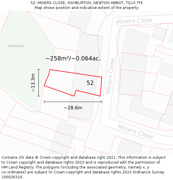 52, MINERS CLOSE, ASHBURTON, NEWTON ABBOT, TQ13 7FE: Plot and title map