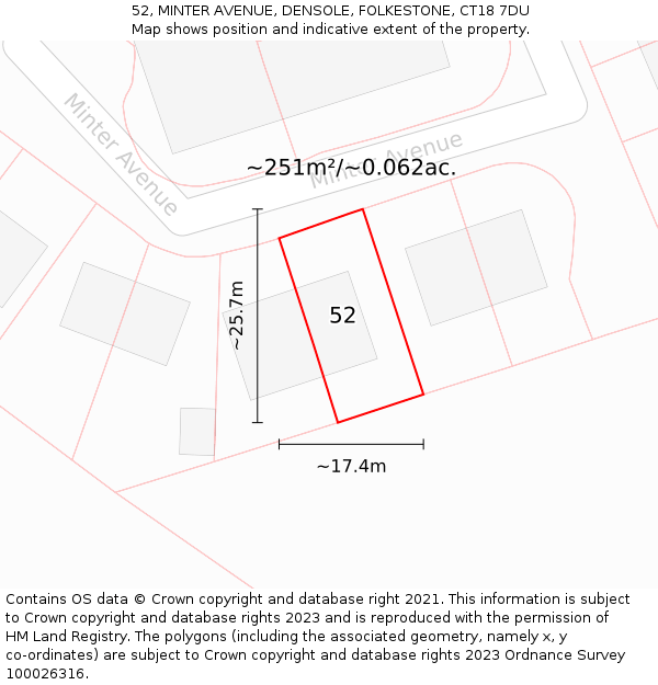 52, MINTER AVENUE, DENSOLE, FOLKESTONE, CT18 7DU: Plot and title map