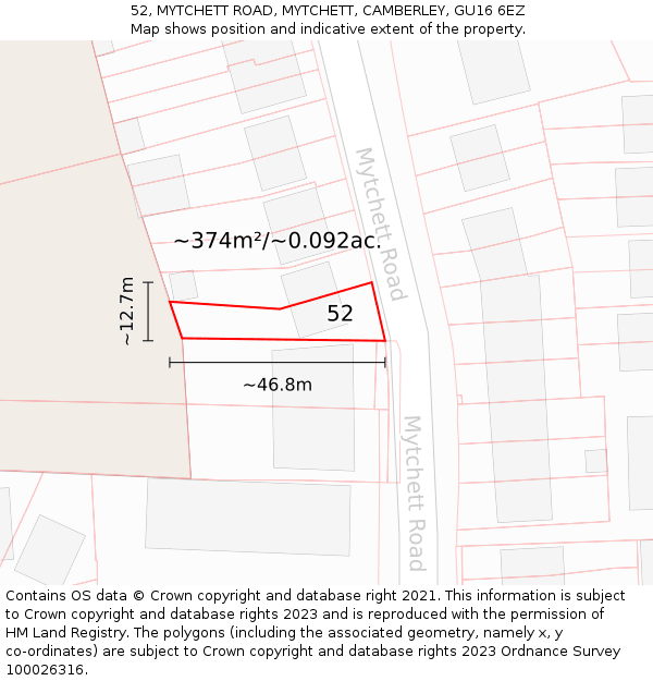 52, MYTCHETT ROAD, MYTCHETT, CAMBERLEY, GU16 6EZ: Plot and title map