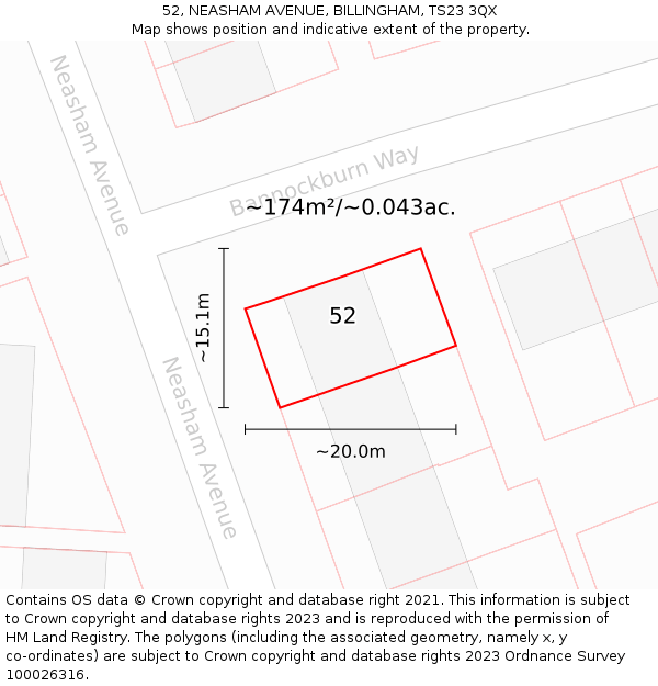 52, NEASHAM AVENUE, BILLINGHAM, TS23 3QX: Plot and title map