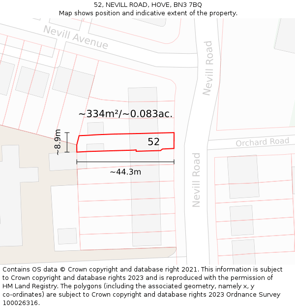 52, NEVILL ROAD, HOVE, BN3 7BQ: Plot and title map