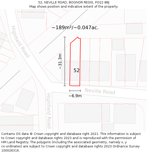 52, NEVILLE ROAD, BOGNOR REGIS, PO22 8BJ: Plot and title map