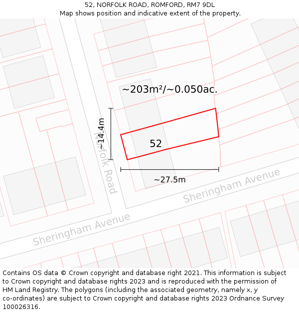 52, NORFOLK ROAD, ROMFORD, RM7 9DL: Plot and title map