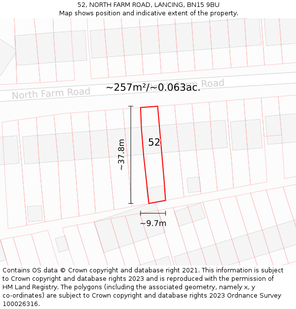 52, NORTH FARM ROAD, LANCING, BN15 9BU: Plot and title map