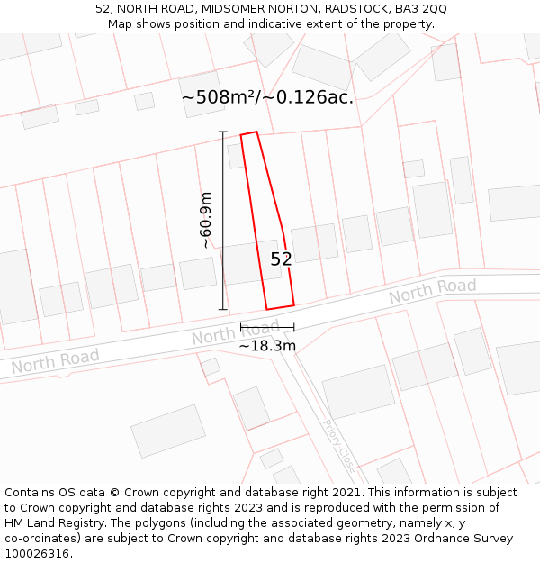52, NORTH ROAD, MIDSOMER NORTON, RADSTOCK, BA3 2QQ: Plot and title map