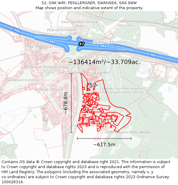 52, OAK WAY, PENLLERGAER, SWANSEA, SA4 9WW: Plot and title map