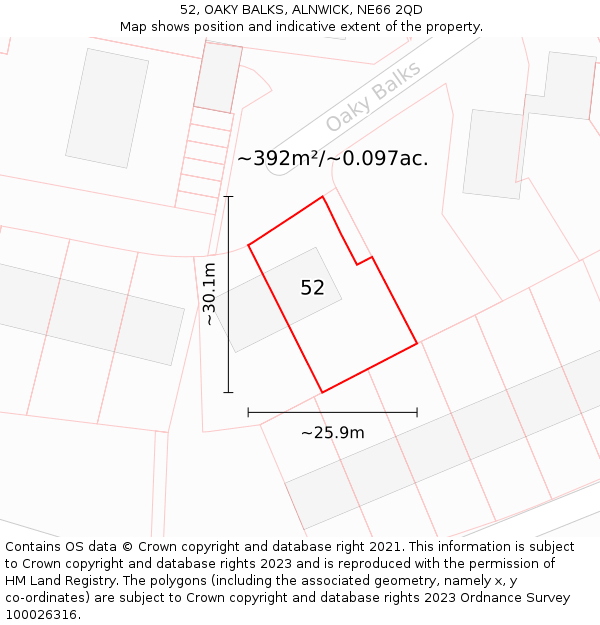 52, OAKY BALKS, ALNWICK, NE66 2QD: Plot and title map