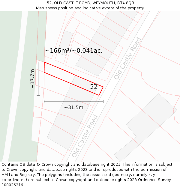 52, OLD CASTLE ROAD, WEYMOUTH, DT4 8QB: Plot and title map