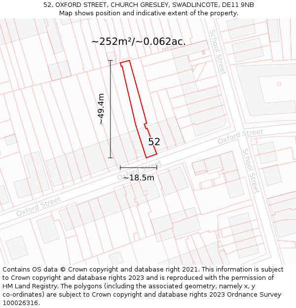 52, OXFORD STREET, CHURCH GRESLEY, SWADLINCOTE, DE11 9NB: Plot and title map