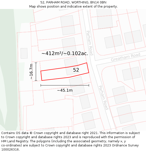 52, PARHAM ROAD, WORTHING, BN14 0BN: Plot and title map