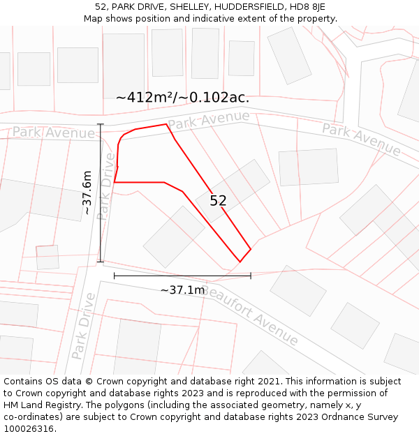 52, PARK DRIVE, SHELLEY, HUDDERSFIELD, HD8 8JE: Plot and title map