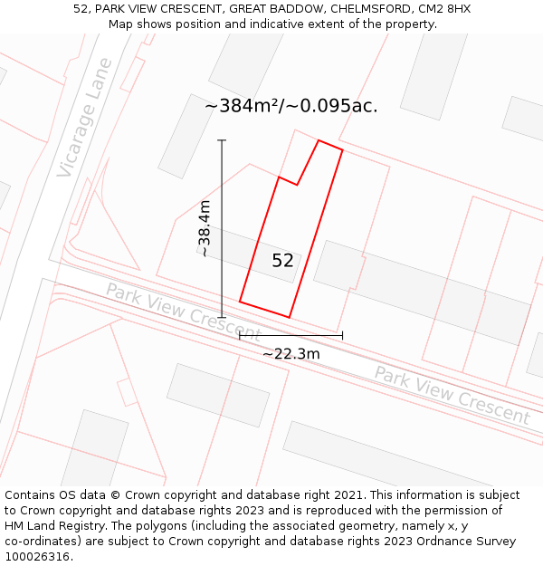 52, PARK VIEW CRESCENT, GREAT BADDOW, CHELMSFORD, CM2 8HX: Plot and title map