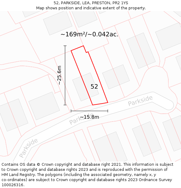 52, PARKSIDE, LEA, PRESTON, PR2 1YS: Plot and title map