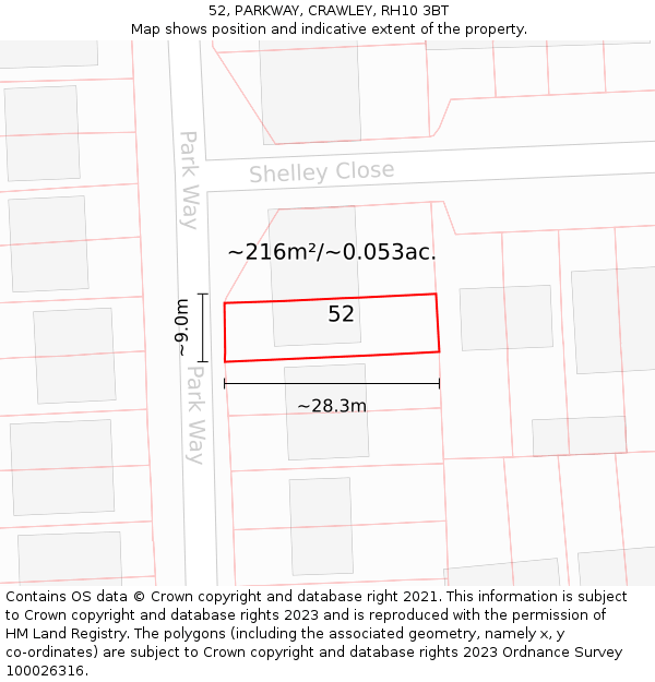 52, PARKWAY, CRAWLEY, RH10 3BT: Plot and title map