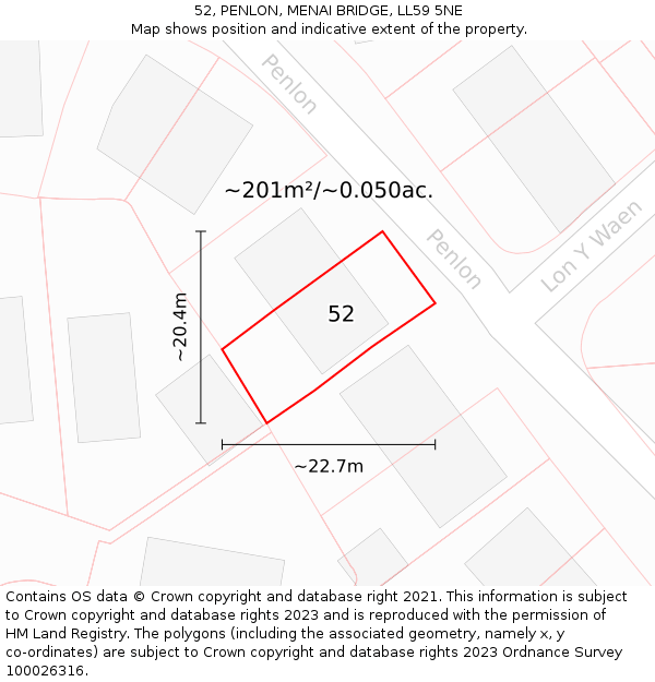 52, PENLON, MENAI BRIDGE, LL59 5NE: Plot and title map