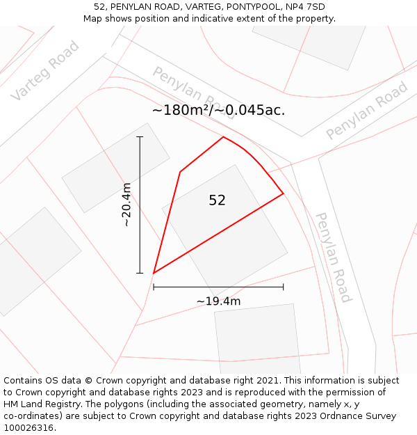 52, PENYLAN ROAD, VARTEG, PONTYPOOL, NP4 7SD: Plot and title map