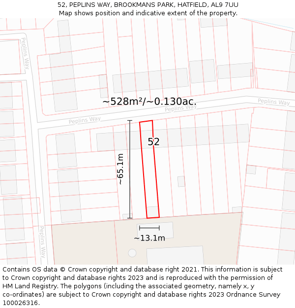 52, PEPLINS WAY, BROOKMANS PARK, HATFIELD, AL9 7UU: Plot and title map