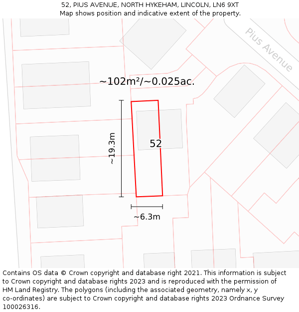 52, PIUS AVENUE, NORTH HYKEHAM, LINCOLN, LN6 9XT: Plot and title map