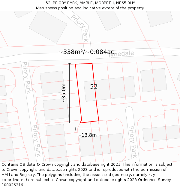 52, PRIORY PARK, AMBLE, MORPETH, NE65 0HY: Plot and title map