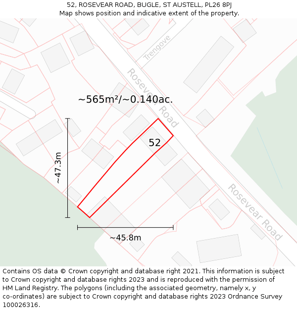 52, ROSEVEAR ROAD, BUGLE, ST AUSTELL, PL26 8PJ: Plot and title map