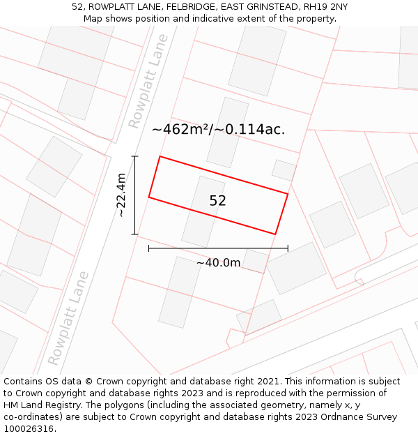 52, ROWPLATT LANE, FELBRIDGE, EAST GRINSTEAD, RH19 2NY: Plot and title map