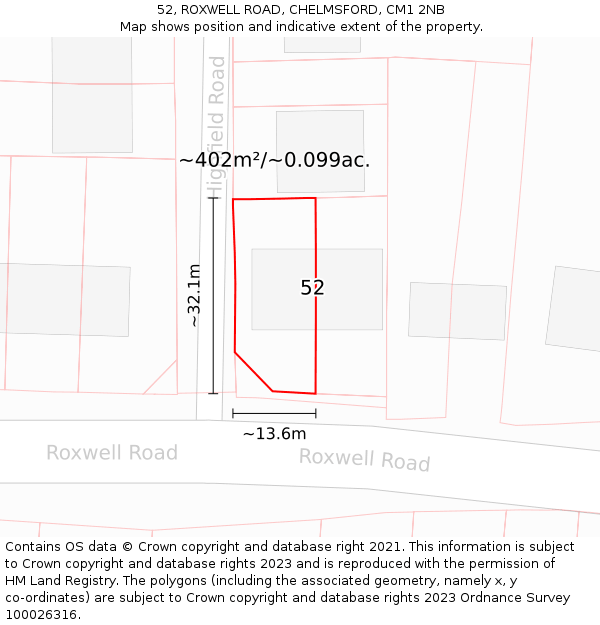 52, ROXWELL ROAD, CHELMSFORD, CM1 2NB: Plot and title map