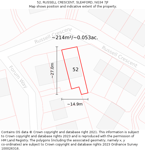 52, RUSSELL CRESCENT, SLEAFORD, NG34 7JF: Plot and title map