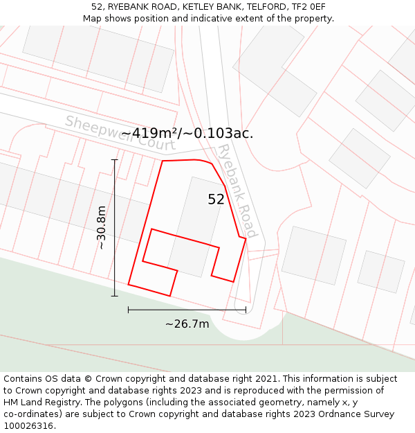 52, RYEBANK ROAD, KETLEY BANK, TELFORD, TF2 0EF: Plot and title map