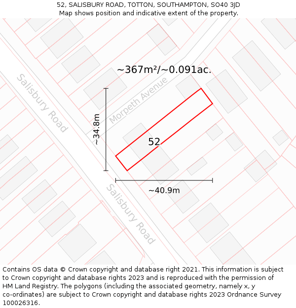 52, SALISBURY ROAD, TOTTON, SOUTHAMPTON, SO40 3JD: Plot and title map