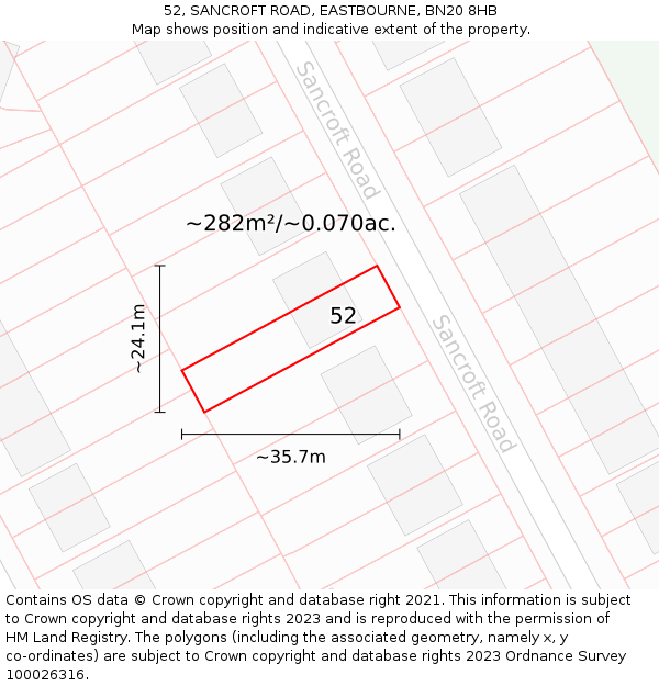 52, SANCROFT ROAD, EASTBOURNE, BN20 8HB: Plot and title map