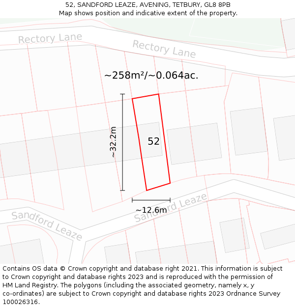 52, SANDFORD LEAZE, AVENING, TETBURY, GL8 8PB: Plot and title map