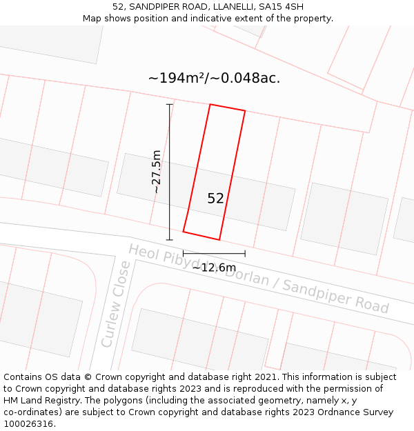 52, SANDPIPER ROAD, LLANELLI, SA15 4SH: Plot and title map