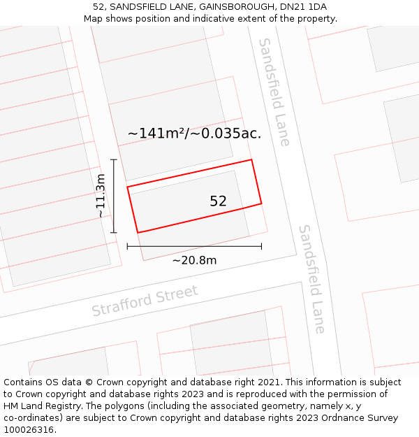 52, SANDSFIELD LANE, GAINSBOROUGH, DN21 1DA: Plot and title map