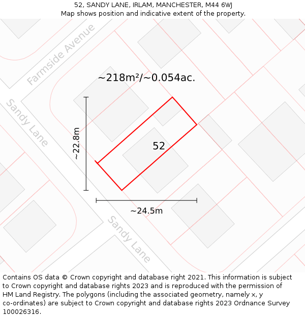 52, SANDY LANE, IRLAM, MANCHESTER, M44 6WJ: Plot and title map