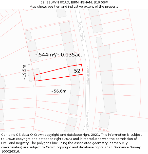 52, SELWYN ROAD, BIRMINGHAM, B16 0SW: Plot and title map