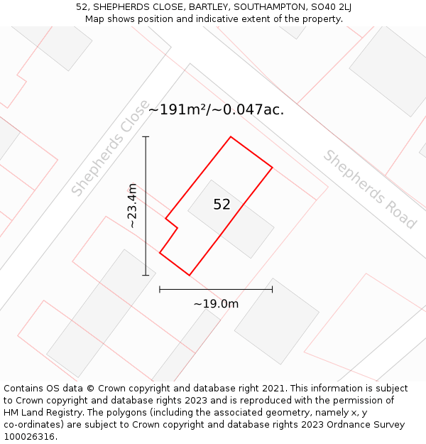 52, SHEPHERDS CLOSE, BARTLEY, SOUTHAMPTON, SO40 2LJ: Plot and title map